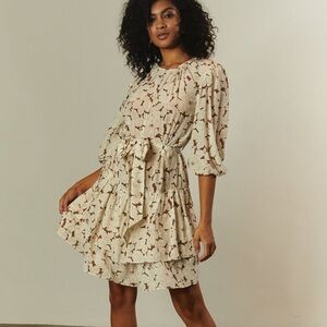 CHRISTY LYNN AMELIE RED LEAVE TIERED DRESS SMALL SILK